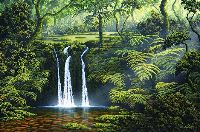 Painting by Harry Wishard: Small Waterfall in the Forest